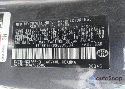 2009 Toyota Camry Le из США, поврежденный, VIN 4T1BE46K09U835334